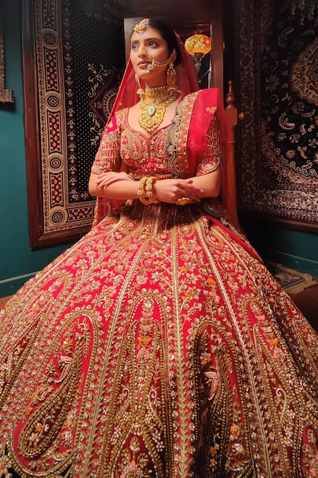 Buy_Amaltas Couture_Red Silk, Net Zari, Embroidery, Metallic Thread, Ruby Zardozi Lehenga Set 