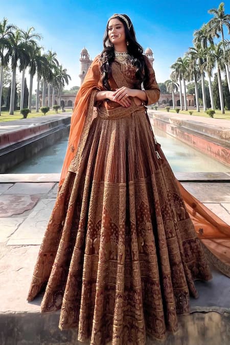 Amaltas Couture Rust Brown Zardozi Embroidered Lehenga Set 