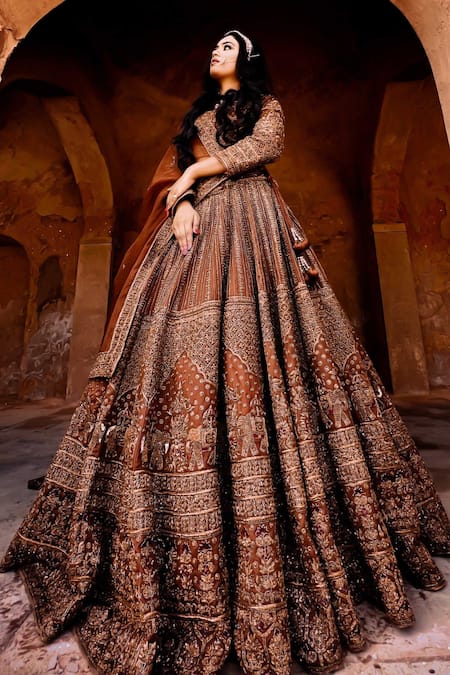 Amaltas Couture Rust Brown Zardozi Embroidered Lehenga Set 