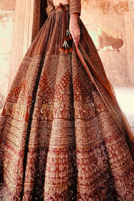 Buy_Amaltas Couture_Rust Organza Embroidery, Zari Round Neck Brown Zardozi Lehenga Set _Online_at_Aza_Fashions