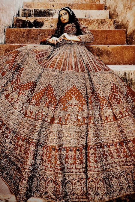 Shop_Amaltas Couture_Rust Organza Embroidery, Zari Round Neck Brown Zardozi Lehenga Set _Online_at_Aza_Fashions