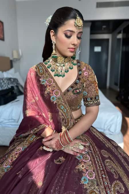 Amaltas Couture_Wine Zari, Beads, Embroidery, Patchwork V-neck Zardozi Lehenga Set _Online_at_Aza_Fashions