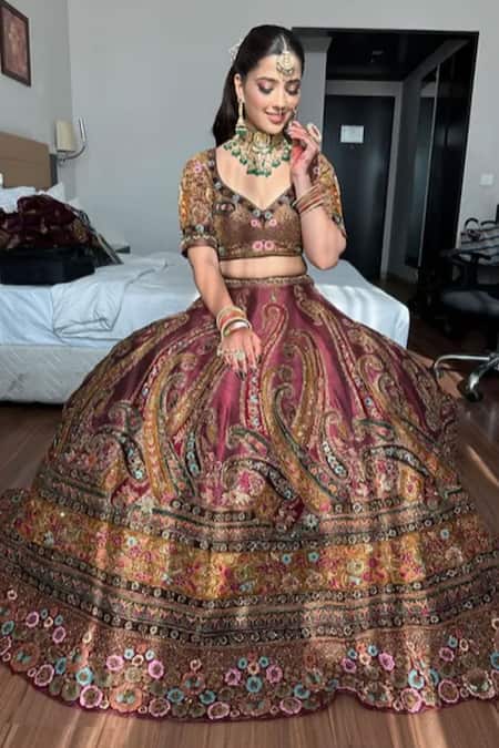 Amaltas Couture Wine Zardozi Embroidered Lehenga Set 