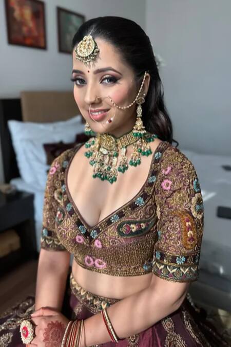 Shop_Amaltas Couture_Wine Zari, Beads, Embroidery, Patchwork V-neck Zardozi Lehenga Set _Online_at_Aza_Fashions