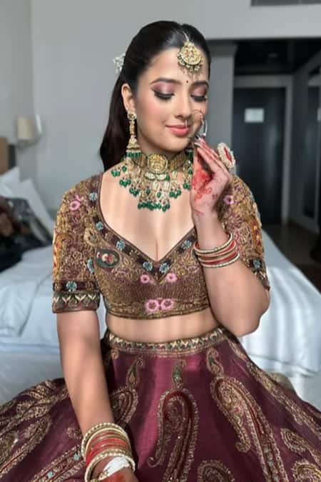 Amaltas Couture_Wine Zari, Beads, Embroidery, Patchwork V-neck Zardozi Lehenga Set _at_Aza_Fashions