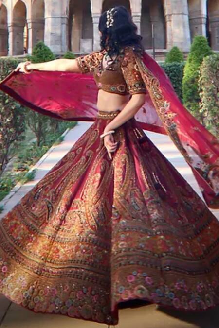 Buy_Amaltas Couture_Wine Zari, Beads, Embroidery, Patchwork V-neck Zardozi Lehenga Set 