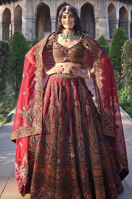 Amaltas Couture Wine Zardozi Embroidered Lehenga Set 