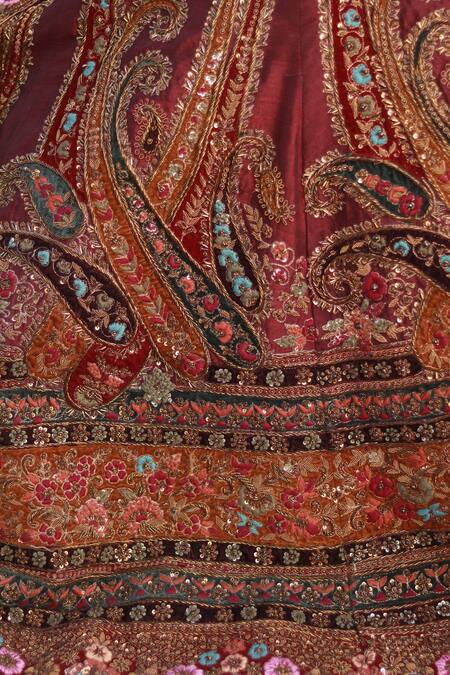 Shop_Amaltas Couture_Wine Zari, Beads, Embroidery, Patchwork V-neck Zardozi Lehenga Set 