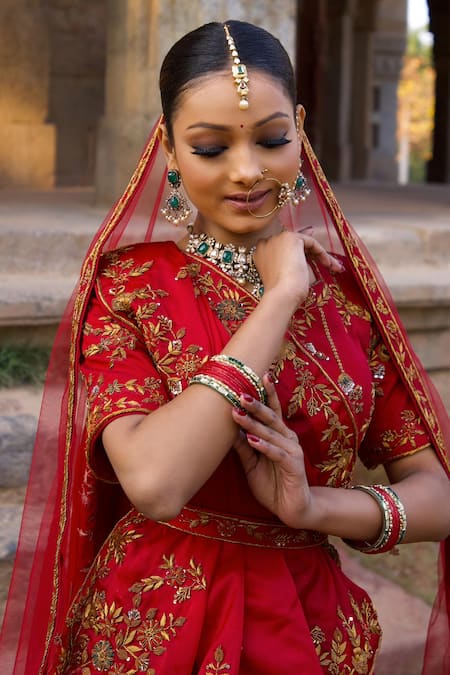 Amaltas Couture_Maroon Silk, Organza, Net Zari, Embroidery Round Neck Zardozi Lehenga Set _Online_at_Aza_Fashions