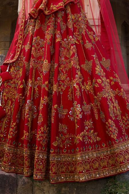 Buy_Amaltas Couture_Maroon Silk, Organza, Net Zari, Embroidery Round Neck Zardozi Lehenga Set _Online_at_Aza_Fashions