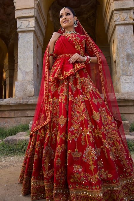 Shop_Amaltas Couture_Maroon Silk, Organza, Net Zari, Embroidery Round Neck Zardozi Lehenga Set _Online_at_Aza_Fashions