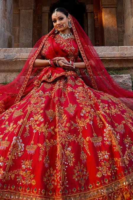 Amaltas Couture_Maroon Silk, Organza, Net Zari, Embroidery Round Neck Zardozi Lehenga Set _at_Aza_Fashions