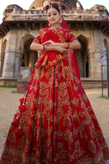 Buy_Amaltas Couture_Maroon Silk, Organza, Net Zari, Embroidery Round Neck Zardozi Lehenga Set 