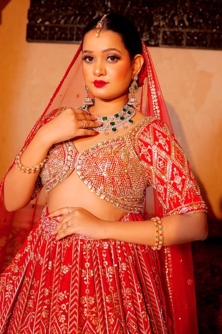 Amaltas Couture_Red Georgette, Net Sequins, Beads, Stones, Cut Work Bridal Lehenga Set _Online_at_Aza_Fashions