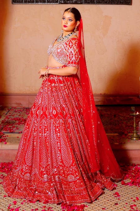 Amaltas Couture Red Sequined Bridal Lehenga Set 