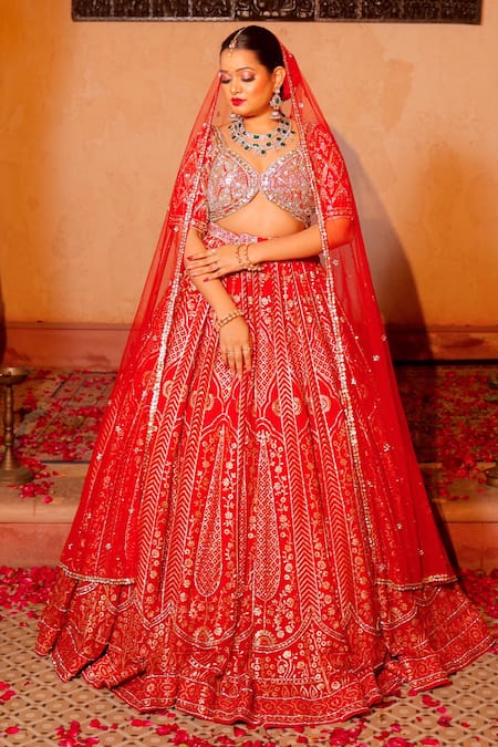 Amaltas Couture Red Sequined Bridal Lehenga Set 
