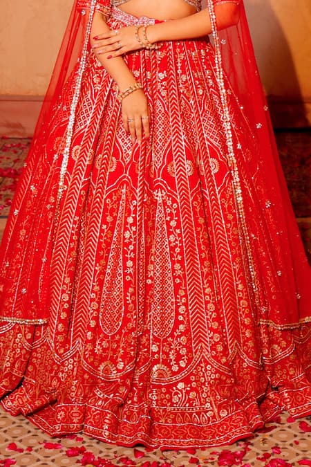 Buy_Amaltas Couture_Red Georgette, Net Sequins, Beads, Stones, Cut Work Bridal Lehenga Set _Online_at_Aza_Fashions