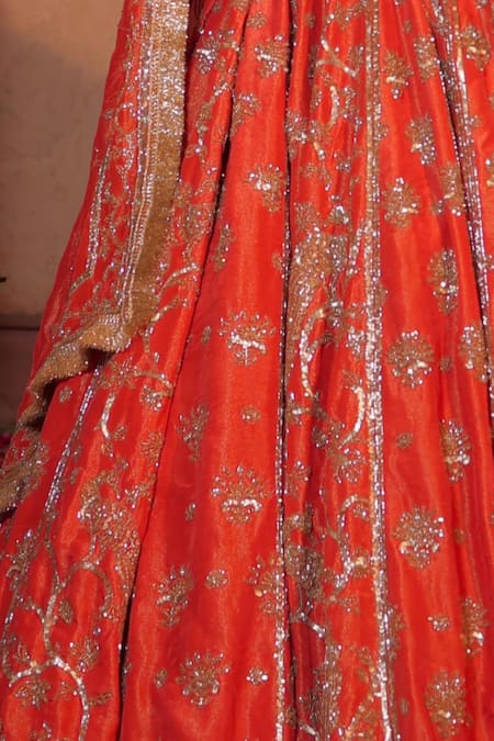Buy Amaltas Couture Rust Tissue Sequins, Cut Work, Beads Round Neck Orange Bridal Lehenga Set Online at Aza Fashions Buy_Amaltas Couture_Rust Tissue Sequins, Cut Work, Beads Round Neck Orange Bridal Lehenga Set _Online_at_Aza_Fashions