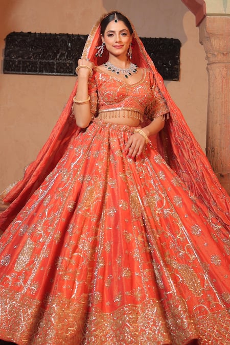 Amaltas Couture Rust Orange Sequined Bridal Lehenga Set 