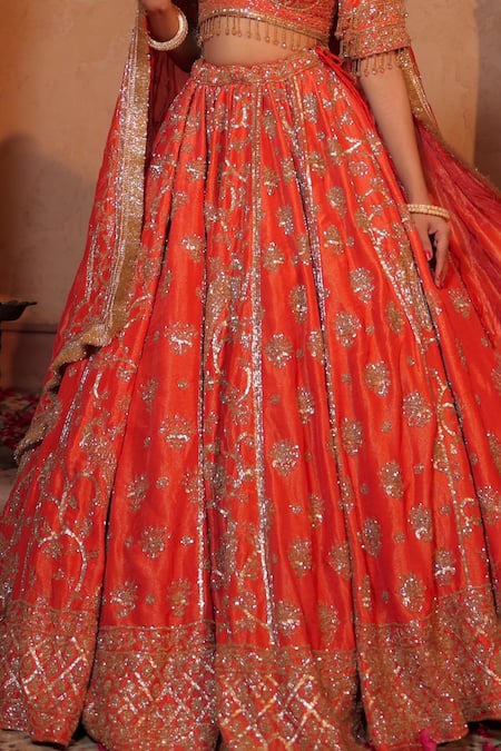 Shop Amaltas Couture Rust Tissue Sequins, Cut Work, Beads Round Neck Orange Bridal Lehenga Set Online at Aza Fashions Shop_Amaltas Couture_Rust Tissue Sequins, Cut Work, Beads Round Neck Orange Bridal Lehenga Set _Online_at_Aza_Fashions