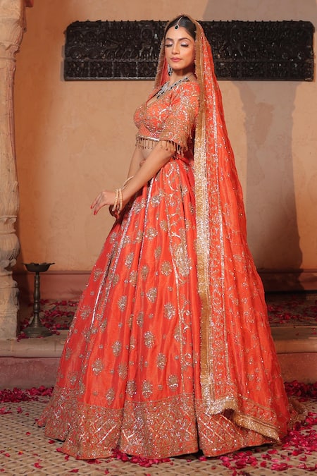Amaltas Couture Rust Orange Sequined Bridal Lehenga Set 