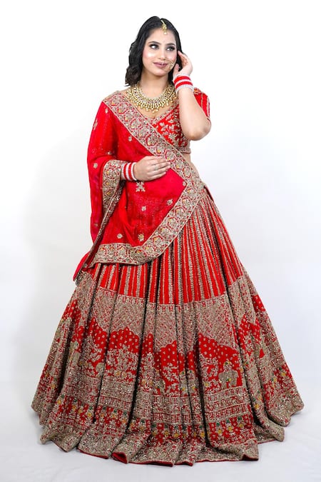Amaltas Couture_Red Organza Embroidery, Zari Round Neck Zardozi Lehenga Set _Online_at_Aza_Fashions