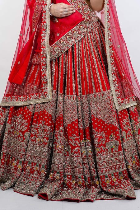 Buy_Amaltas Couture_Red Organza Embroidery, Zari Round Neck Zardozi Lehenga Set _Online_at_Aza_Fashions