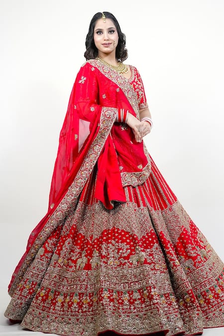 Shop_Amaltas Couture_Red Organza Embroidery, Zari Round Neck Zardozi Lehenga Set _Online_at_Aza_Fashions