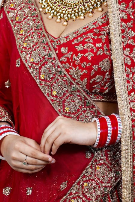 Amaltas Couture_Red Organza Embroidery, Zari Round Neck Zardozi Lehenga Set _at_Aza_Fashions