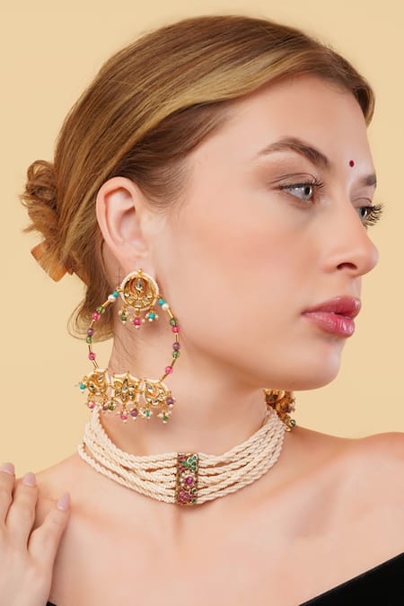 Shop_Dugran By Dugristyle_Multi Color Beads Gold-plated Rang-e-gul Danglers _Online_at_Aza_Fashions