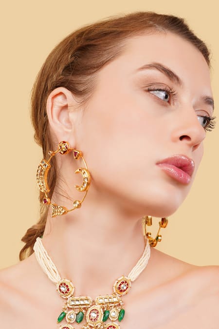 Dugran By Dugristyle_Maroon Crystals, Stones Gold-plated Hoop Earrings _Online_at_Aza_Fashions