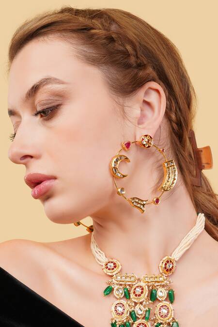 Buy_Dugran By Dugristyle_Maroon Crystals, Stones Gold-plated Hoop Earrings _Online_at_Aza_Fashions