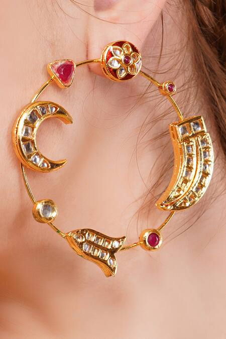 Shop_Dugran By Dugristyle_Maroon Crystals, Stones Gold-plated Hoop Earrings _Online_at_Aza_Fashions