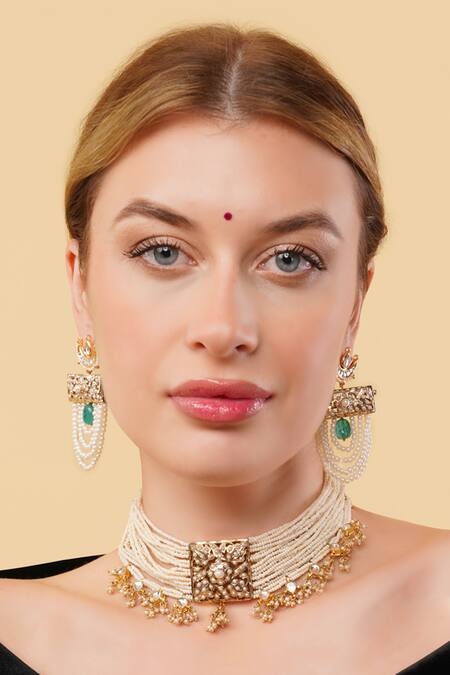 Buy_Dugran By Dugristyle_Gold Plated Pearls, Stones Zamrud Drop Earrings _Online_at_Aza_Fashions