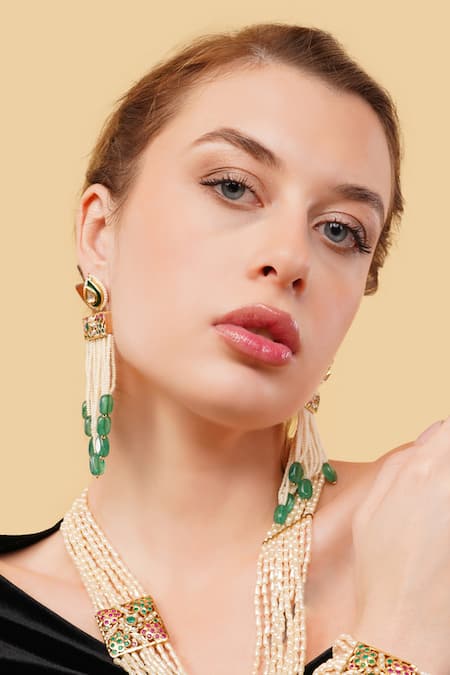 Shop Dugran By Dugristyle Gold Plated Pearls, Stones Zamrud Drop Earrings Online at Aza Fashions Shop_Dugran By Dugristyle_Gold Plated Pearls, Stones Zamrud Drop Earrings _Online_at_Aza_Fashions