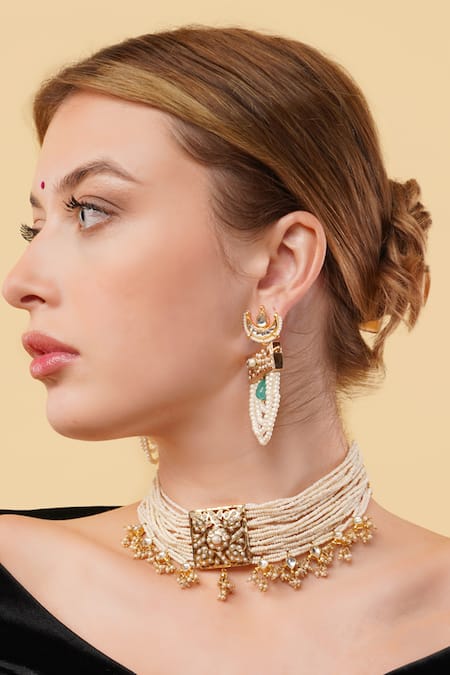 Dugran By Dugristyle_Gold Plated Pearls, Stones Zamrud Drop Earrings _Online_at_Aza_Fashions