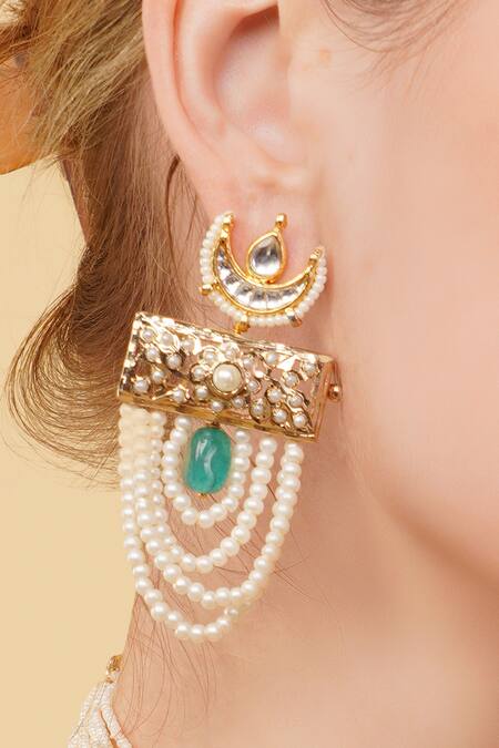 Dugran By Dugristyle_Gold Plated Pearls, Stones Zamrud Drop Earrings _at_Aza_Fashions