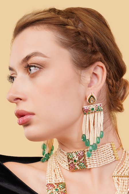 Dugran By Dugristyle_Green Beads, Stones Jahanara Gold-plated Drop Earrings _Online_at_Aza_Fashions