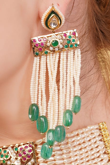 Buy_Dugran By Dugristyle_Green Beads, Stones Jahanara Gold-plated Drop Earrings _Online_at_Aza_Fashions