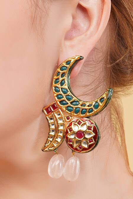 Shop_Dugran By Dugristyle_Multi Color Stones Harit Gold-plated Drop Earrings _Online_at_Aza_Fashions