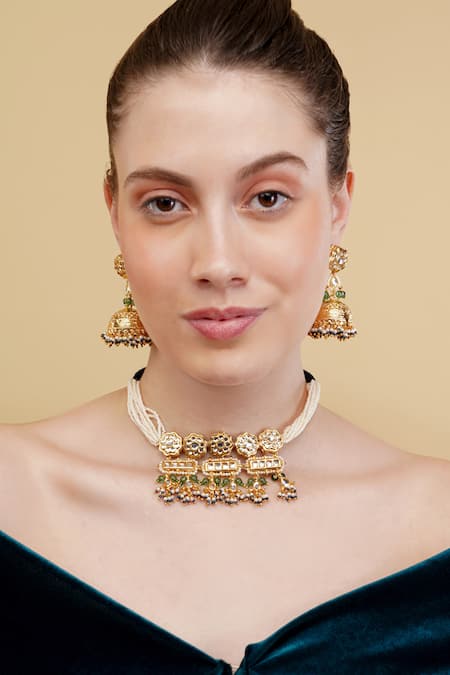 Dugran By Dugristyle_Multi Color Gold-plated Green Shadab Jhumka Earrings _Online_at_Aza_Fashions