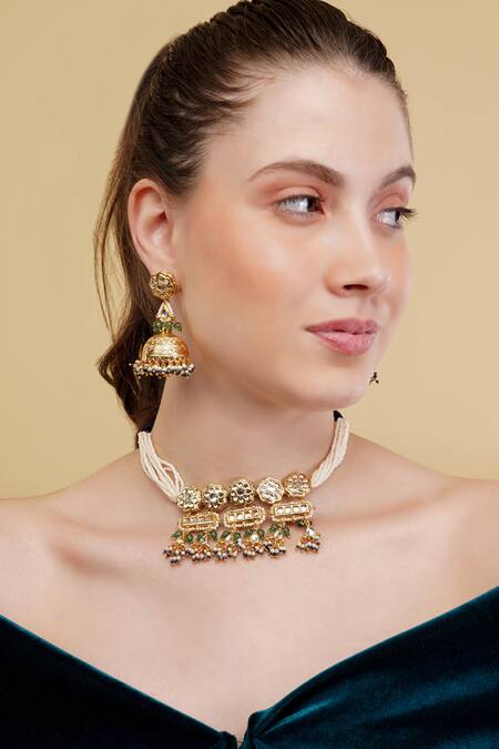 Buy_Dugran By Dugristyle_Multi Color Gold-plated Green Shadab Jhumka Earrings _Online_at_Aza_Fashions