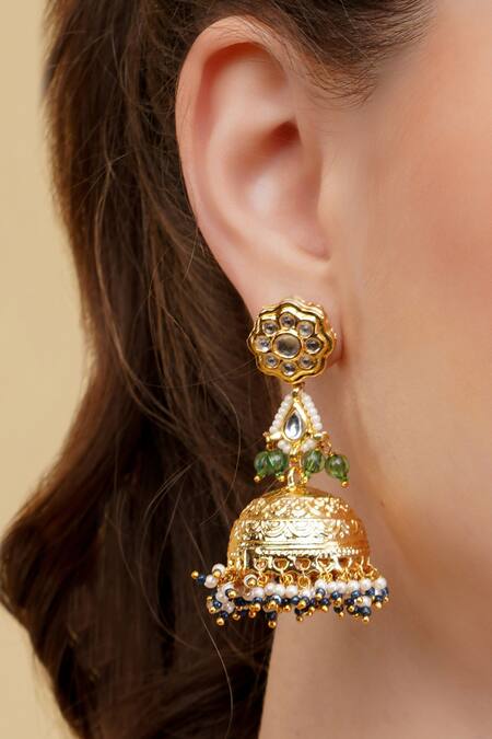Shop_Dugran By Dugristyle_Multi Color Gold-plated Green Shadab Jhumka Earrings _Online_at_Aza_Fashions