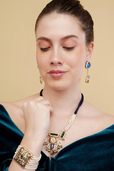 Shop_Dugran By Dugristyle_Blue Crystals Gold-plated Aabshar Bracelet _Online_at_Aza_Fashions