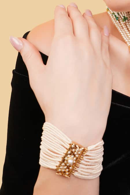 Shop_Dugran By Dugristyle_Gold Plated Pearls Mehraab Bracelet _at_Aza_Fashions