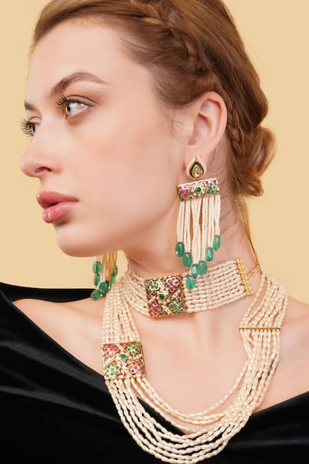 Dugran By Dugristyle_Multi Color Sang-e-laal Gold-plated Choker Necklace _Online_at_Aza_Fashions