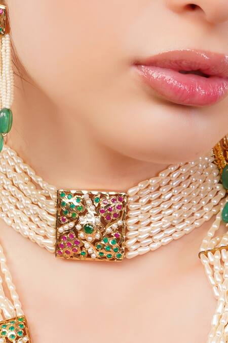 Buy_Dugran By Dugristyle_Multi Color Sang-e-laal Gold-plated Choker Necklace _Online_at_Aza_Fashions