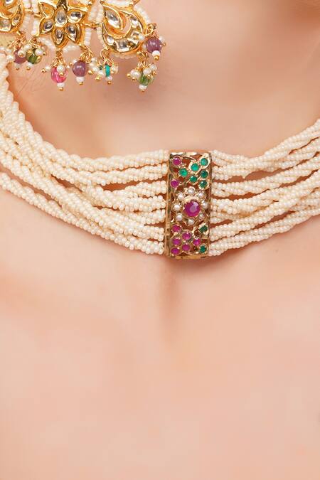 Dugran By Dugristyle_Multi Color Gul-e-laal Gold-plated Choker Necklace _at_Aza_Fashions