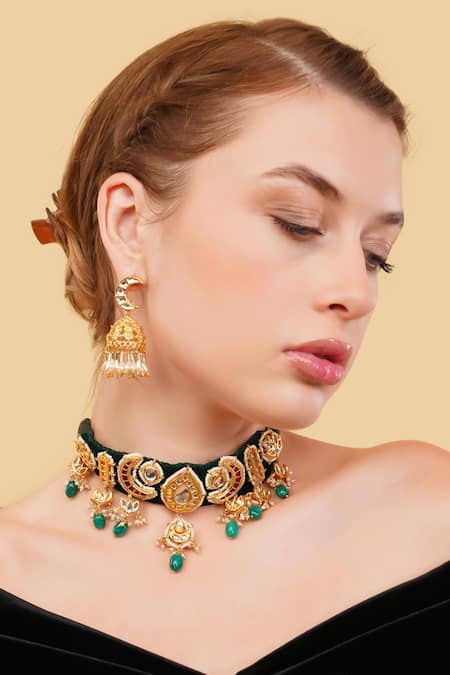 Buy_Dugran By Dugristyle_Green Makhmali Gold-plated Choker Necklace _Online_at_Aza_Fashions