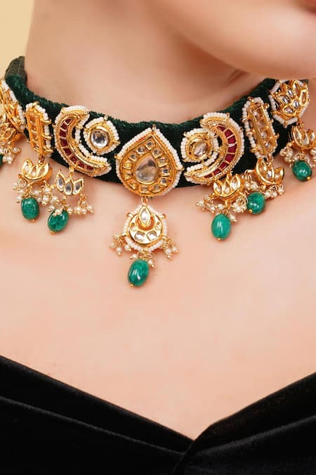 Shop_Dugran By Dugristyle_Green Makhmali Gold-plated Choker Necklace _Online_at_Aza_Fashions